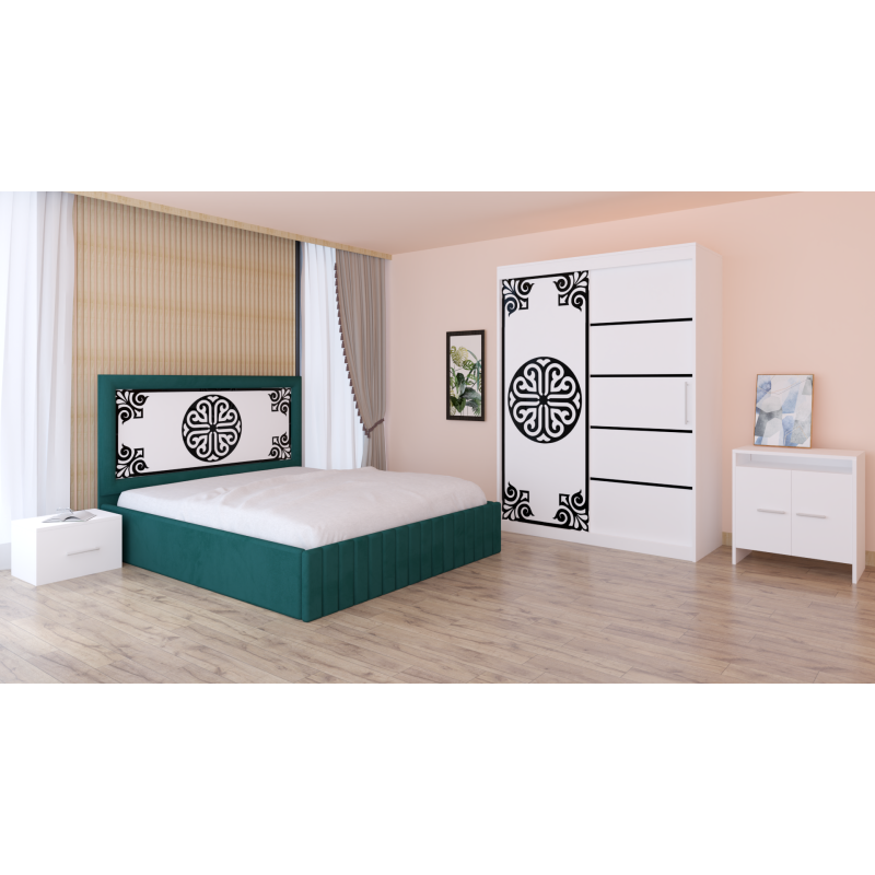 Dormitor Stefan Alb COD115 Cu Pat Tapitat Verde Dulap Usi Culisante 150 cm x 200 cm Noptiere si Comoda Tv Lorena