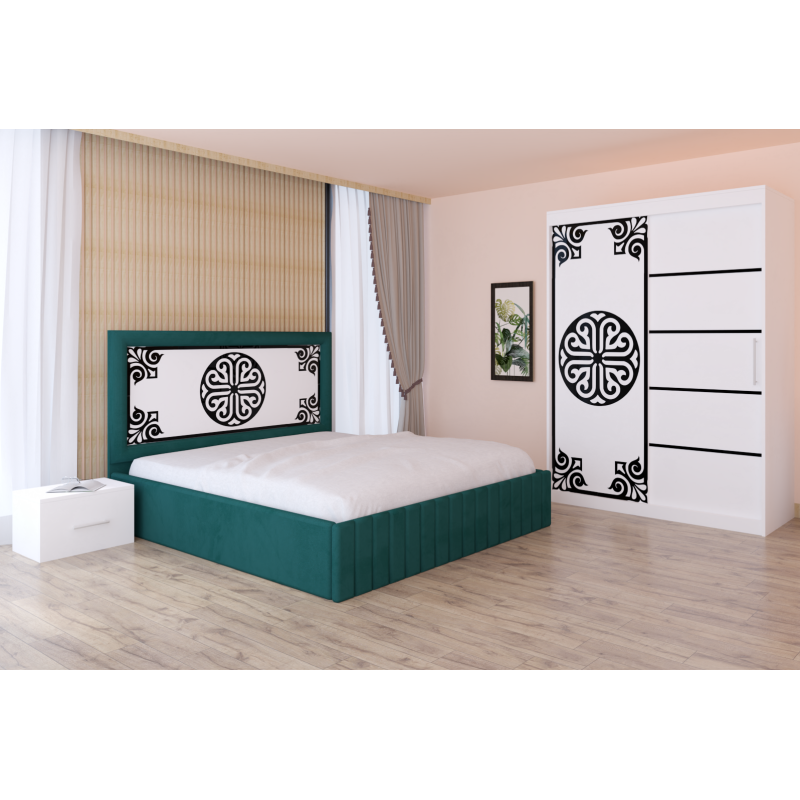 Dormitor Stefan Alb COD115 Cu Pat Tapitat Verde Dulap Usi Culisante 150 cm x 200 cm Noptiere