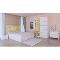 Dormitor Stefan Alb COD122 Cu Pat Tapitat Alb Dulap Usi Culisante 150 cm x 200 cm Noptiere si Comoda Tv Lorena