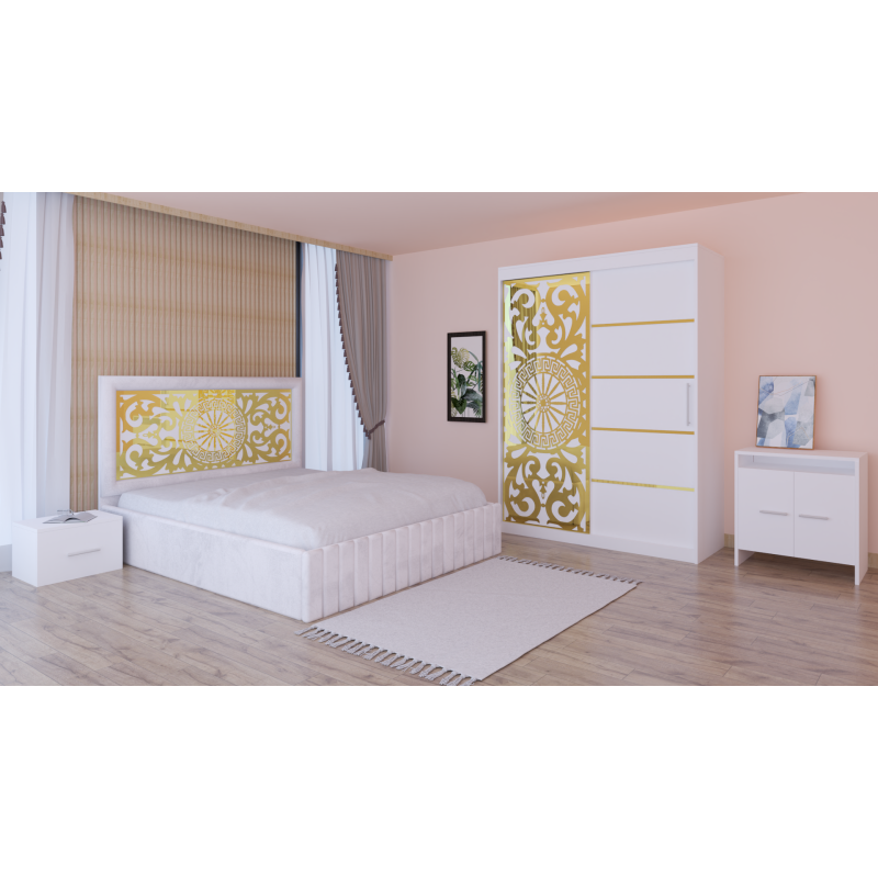 Dormitor Stefan Alb COD122 Cu Pat Tapitat Alb Dulap Usi Culisante 150 cm x 200 cm Noptiere si Comoda Tv Lorena