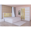 Dormitor Stefan Alb COD122 Cu Pat Tapitat Alb Dulap Usi Culisante 150 cm x 200 cm Noptiere