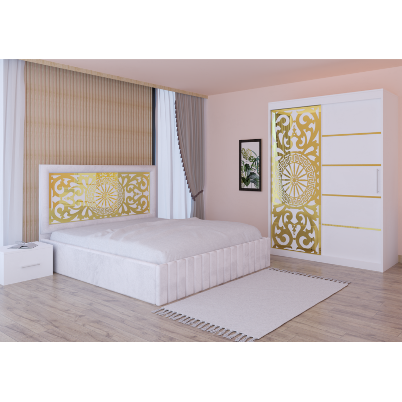 Dormitor Stefan Alb COD122 Cu Pat Tapitat Alb Dulap Usi Culisante 150 cm x 200 cm Noptiere