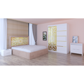 Dormitor Stefan Alb COD122 Cu Pat Tapitat Crem Dulap Usi Culisante 150 cm x 200 cm Noptiere si Comoda Tv Lorena