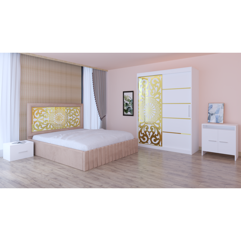 Dormitor Stefan Alb COD122 Cu Pat Tapitat Crem Dulap Usi Culisante 150 cm x 200 cm Noptiere si Comoda Tv Lorena