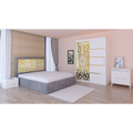 Dormitor Stefan Alb COD122 Cu Pat Tapitat Gri Dulap Usi Culisante 150 cm x 200 cm Noptiere si Comoda Tv Lorena