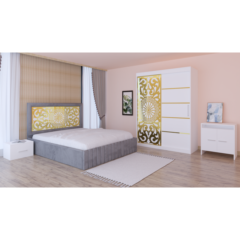Dormitor Stefan Alb COD122 Cu Pat Tapitat Gri Dulap Usi Culisante 150 cm x 200 cm Noptiere si Comoda Tv Lorena