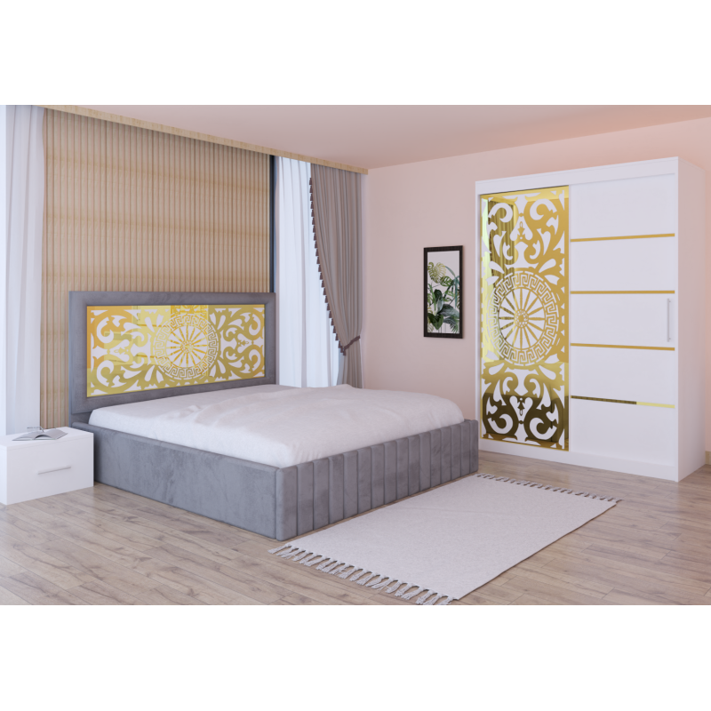 Dormitor Stefan Alb COD122 Cu Pat Tapitat Gri Dulap Usi Culisante 150 cm x 200 cm Noptiere