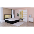 Dormitor Stefan Alb COD122 Cu Pat Tapitat Negru Dulap Usi Culisante 150 cm x 200 cm Noptiere si Comoda Tv Lorena
