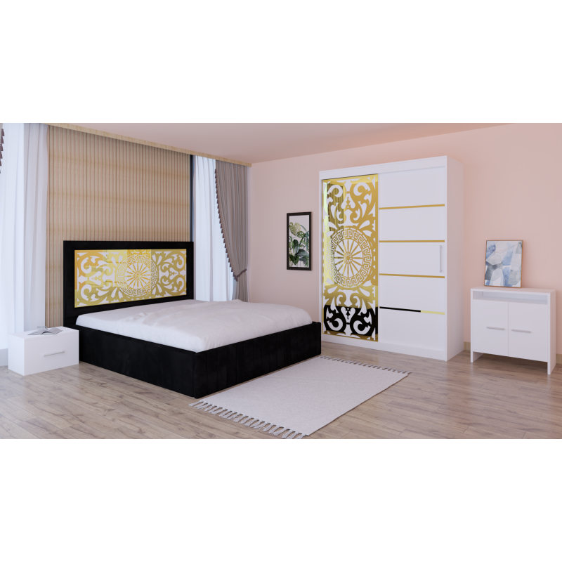 Dormitor Stefan Alb COD122 Cu Pat Tapitat Negru Dulap Usi Culisante 150 cm x 200 cm Noptiere si Comoda Tv Lorena