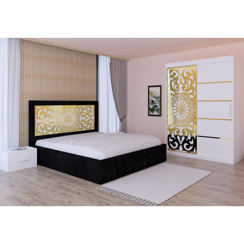 Dormitor Stefan Alb COD122 Cu Pat Tapitat Negru Dulap Usi Culisante 150 cm x 200 cm Noptiere