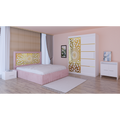 Dormitor Stefan Alb COD122 Cu Pat Tapitat Roz Dulap Usi Culisante 150 cm x 200 cm Noptiere si Comoda Tv Lorena