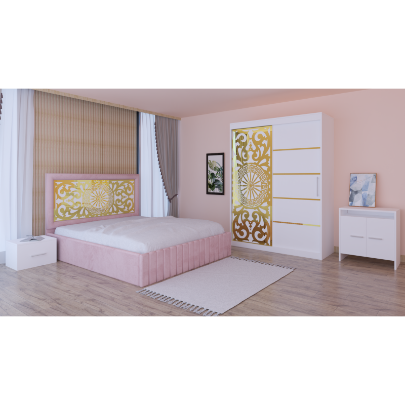Dormitor Stefan Alb COD122 Cu Pat Tapitat Roz Dulap Usi Culisante 150 cm x 200 cm Noptiere si Comoda Tv Lorena