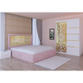 Dormitor Stefan Alb COD122 Cu Pat Tapitat Roz Dulap Usi Culisante 150 cm x 200 cm Noptiere