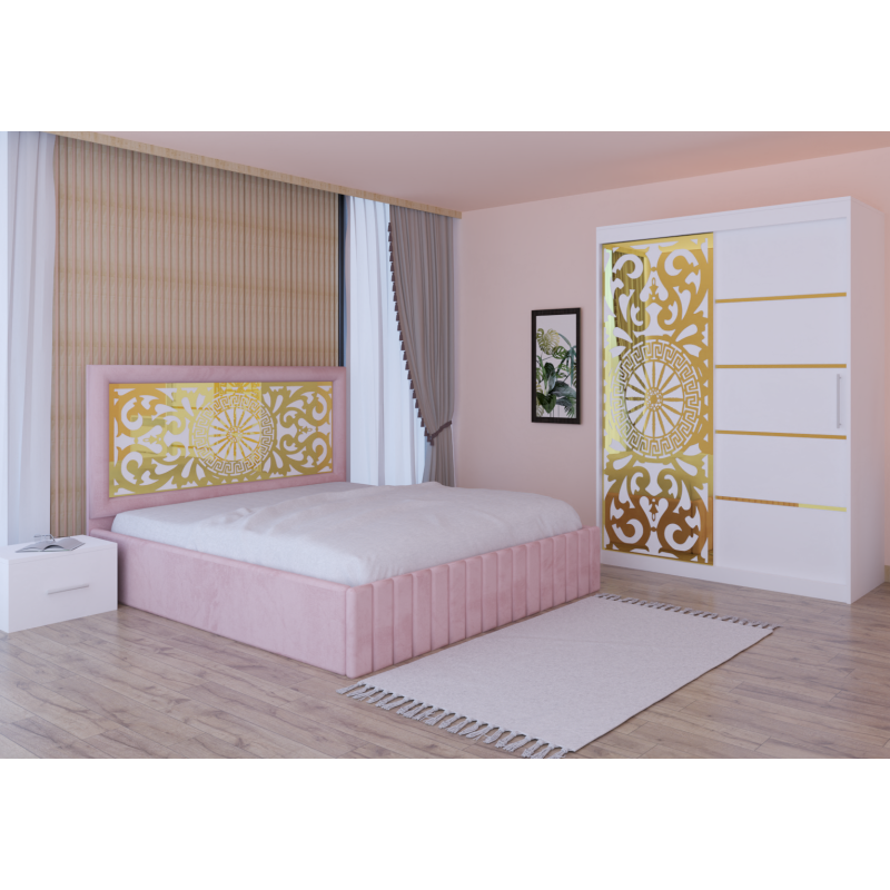 Dormitor Stefan Alb COD122 Cu Pat Tapitat Roz Dulap Usi Culisante 150 cm x 200 cm Noptiere
