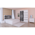 Dormitor Stefan Alb COD123 Cu Pat Tapitat Alb Dulap Usi Culisante 150 cm x 200 cm Noptiere si Comoda Tv Lorena