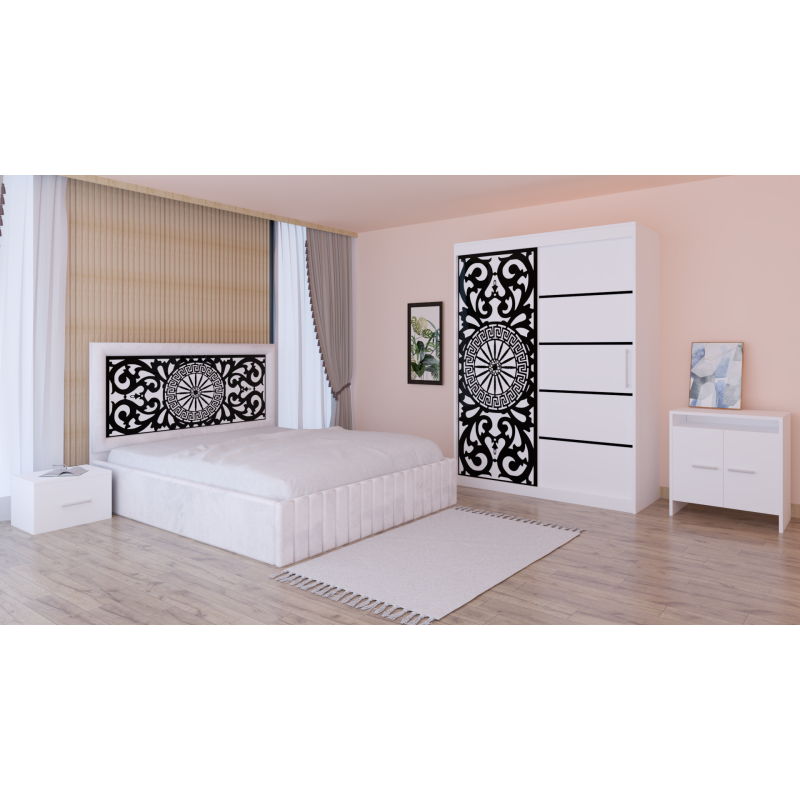 Dormitor Stefan Alb COD123 Cu Pat Tapitat Alb Dulap Usi Culisante 150 cm x 200 cm Noptiere si Comoda Tv Lorena