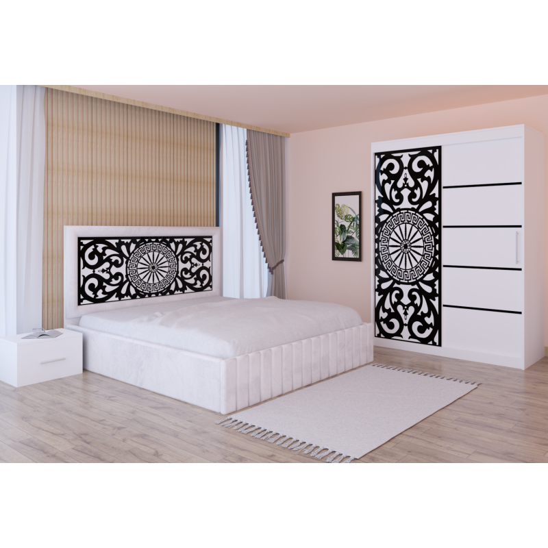 Dormitor Stefan Alb COD123 Cu Pat Tapitat Alb Dulap Usi Culisante 150 cm x 200 cm Noptiere