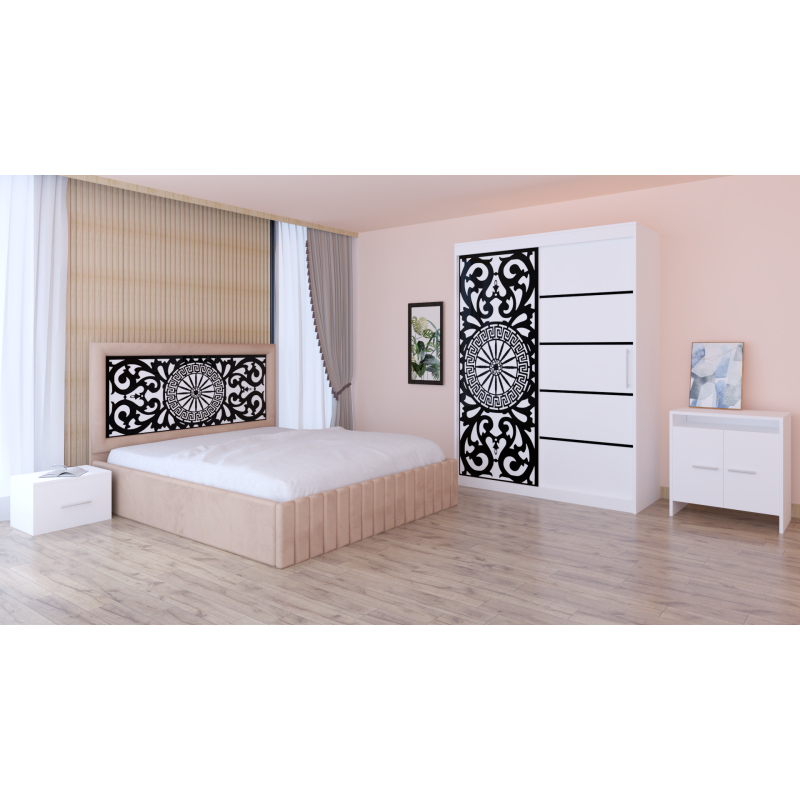 Dormitor Stefan Alb COD123 Cu Pat Tapitat Crem Dulap Usi Culisante 150 cm x 200 cm Noptiere si Comoda Tv Lorena