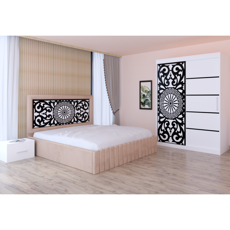 Dormitor Stefan Alb COD123 Cu Pat Tapitat Crem Dulap Usi Culisante 150 cm x 200 cm Noptiere