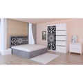 Dormitor Stefan Alb COD123 Cu Pat Tapitat Gri Dulap Usi Culisante 150 cm x 200 cm Noptiere si Comoda Tv Lorena