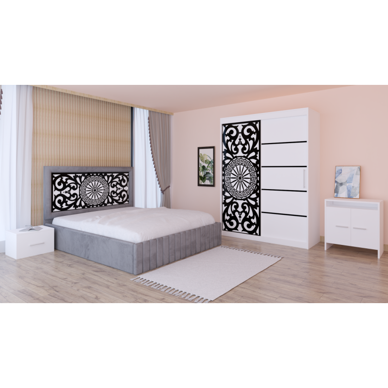 Dormitor Stefan Alb COD123 Cu Pat Tapitat Gri Dulap Usi Culisante 150 cm x 200 cm Noptiere si Comoda Tv Lorena