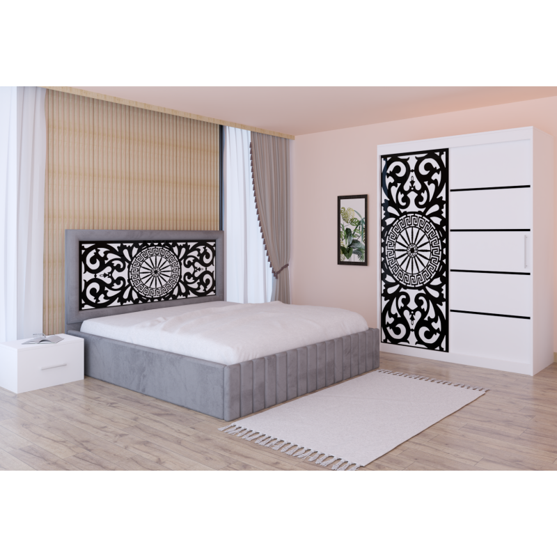 Dormitor Stefan Alb COD123 Cu Pat Tapitat Gri Dulap Usi Culisante 150 cm x 200 cm Noptiere