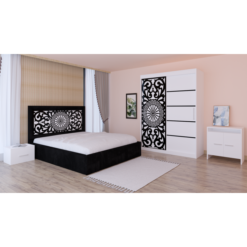 Dormitor Stefan Alb COD123 Cu Pat Tapitat Negru Dulap Usi Culisante 150 cm x 200 cm Noptiere si Comoda Tv Lorena