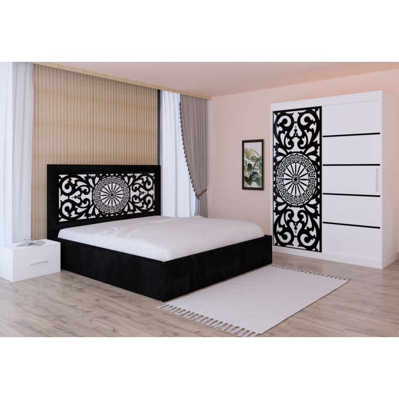 Dormitor Stefan Alb COD123 Cu Pat Tapitat Negru Dulap Usi Culisante 150 cm x 200 cm Noptiere