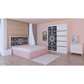 Dormitor Stefan Alb COD123 Cu Pat Tapitat Roz Dulap Usi Culisante 150 cm x 200 cm Noptiere si Comoda Tv Lorena