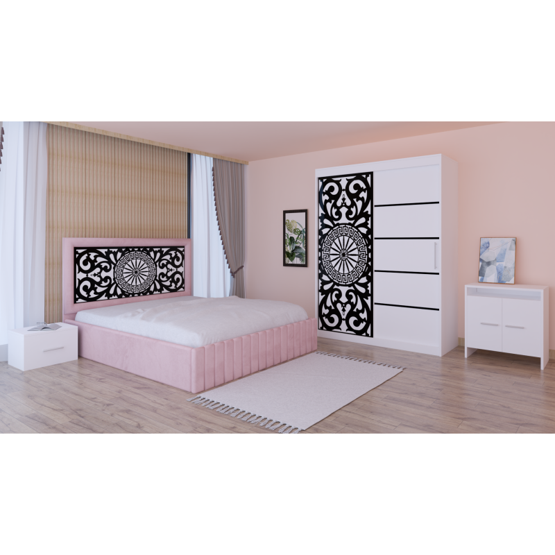 Dormitor Stefan Alb COD123 Cu Pat Tapitat Roz Dulap Usi Culisante 150 cm x 200 cm Noptiere si Comoda Tv Lorena