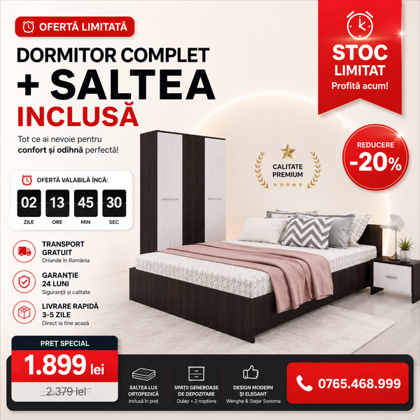 OFERTA LUNII: Dormitor Roxana Wenghe + Saltea Lux Ortopedica