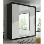 Dressing Delux Negru cu Oglinda 204 cm x 200 cm x 61 cm cu usi Albe