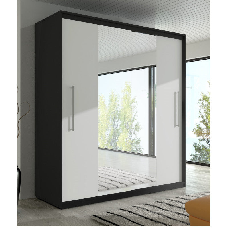 Dressing Delux Negru cu Oglinda 204 cm x 200 cm x 61 cm cu usi Albe