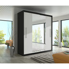 Dressing Delux Negru cu Oglinda 204 cm x 200 cm x 61 cm cu usi Albe