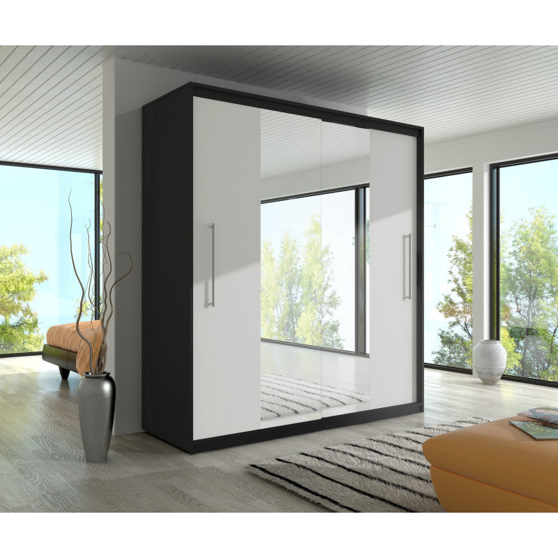 Dressing Delux Negru cu Oglinda 204 cm x 200 cm x 61 cm cu usi Albe