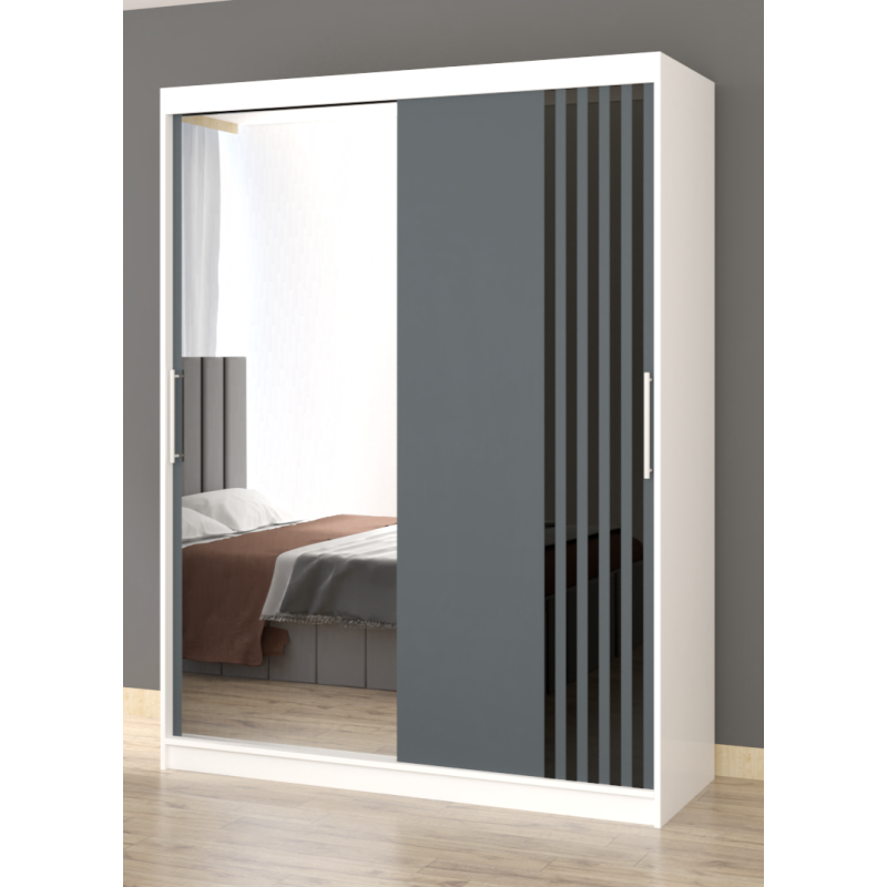 Dressing Viva 150 cm x 200 cm cu oglinda Alb cu usi glisante Gri Ornament Negru