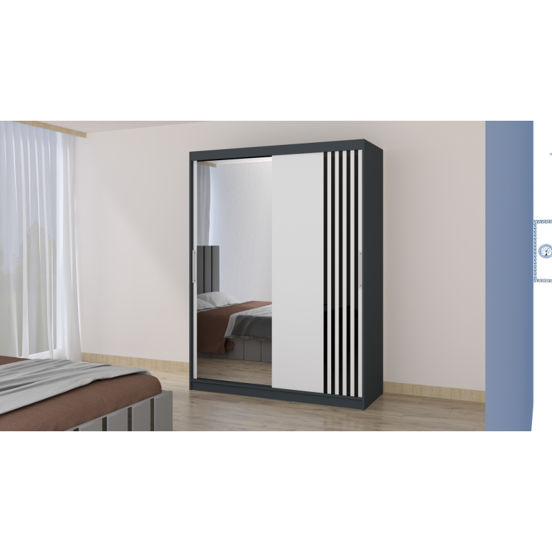 Dressing Viva 150 cm x 200 cm cu oglinda Gri cu usi glisante Albe Ornament Negru