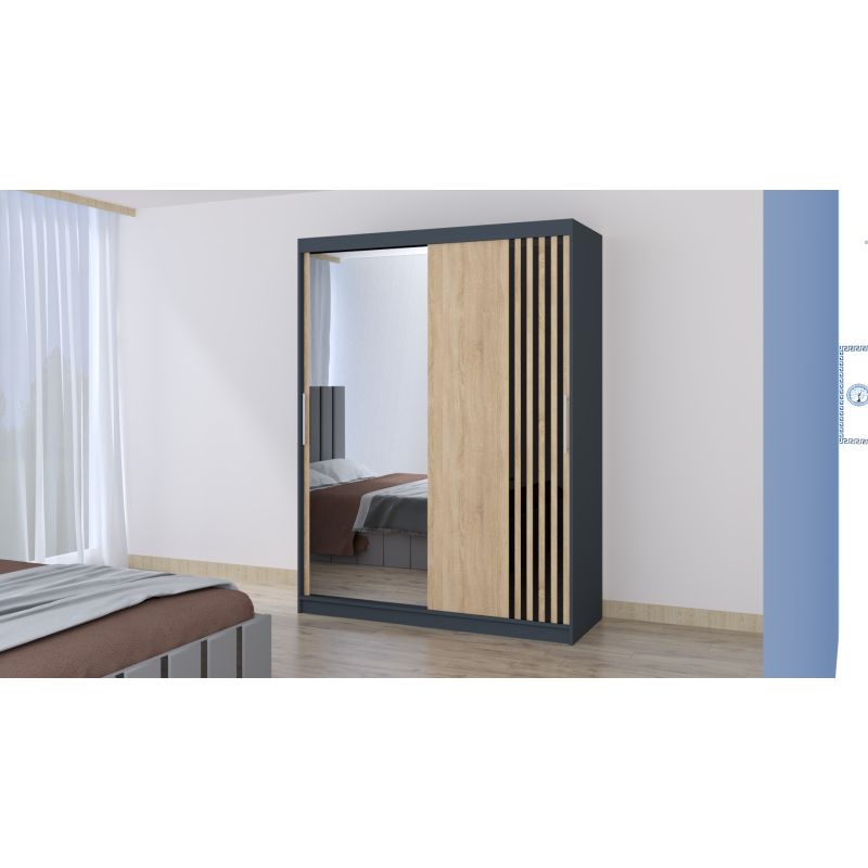 Dressing Viva 150 cm x 200 cm cu oglinda Gri cu usi glisante Sonoma Ornament Negru