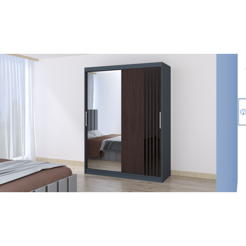 Dressing Viva 150 cm x 200 cm cu oglinda Gri cu usi glisante Wenghe Ornament Negru