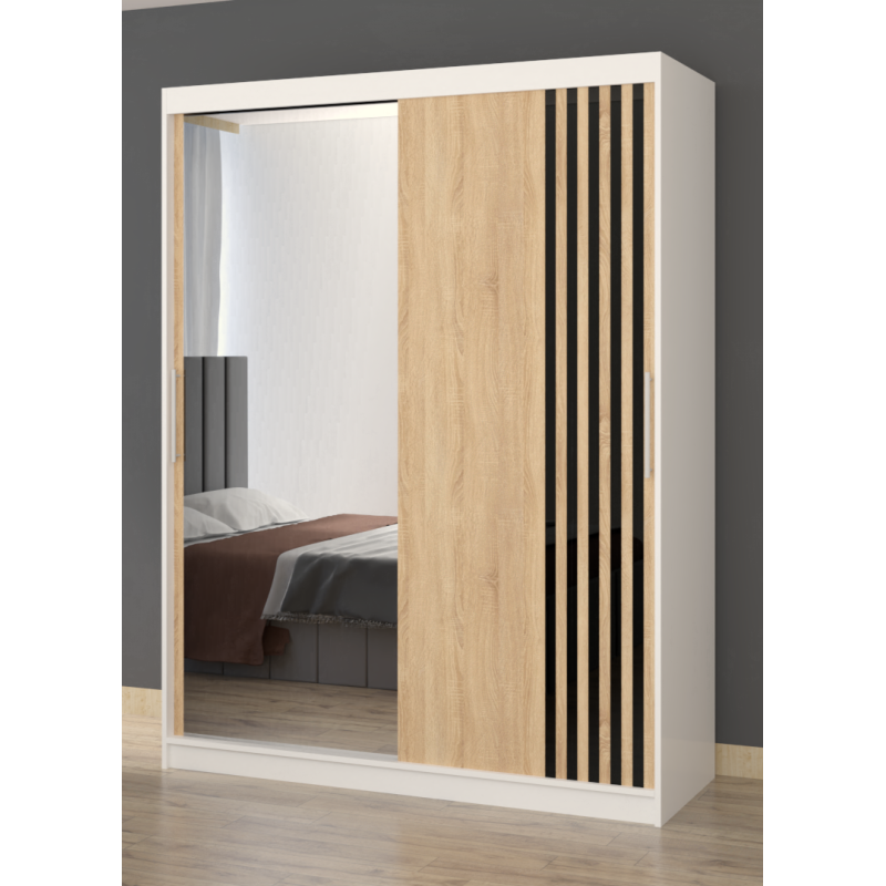 Dressing Viva Alb cu oglinda 200 x 200 cm cu usi glisante Sonoma si Ornamente Negre