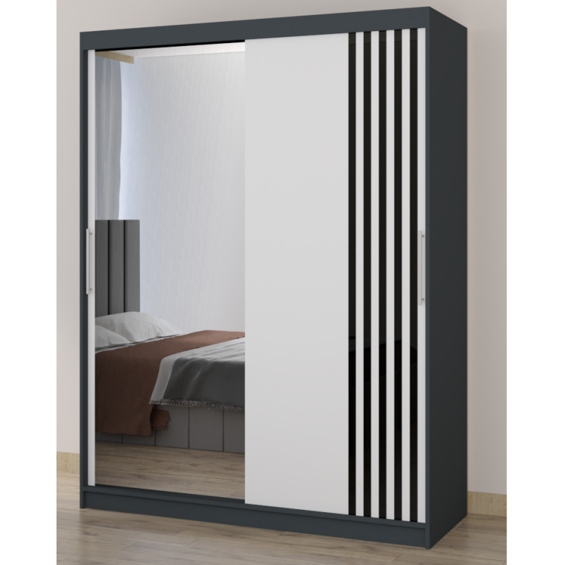 Dressing Viva Gri cu oglinda 200 x 200 cm cu usi glisante Albe si Ornamente Negre