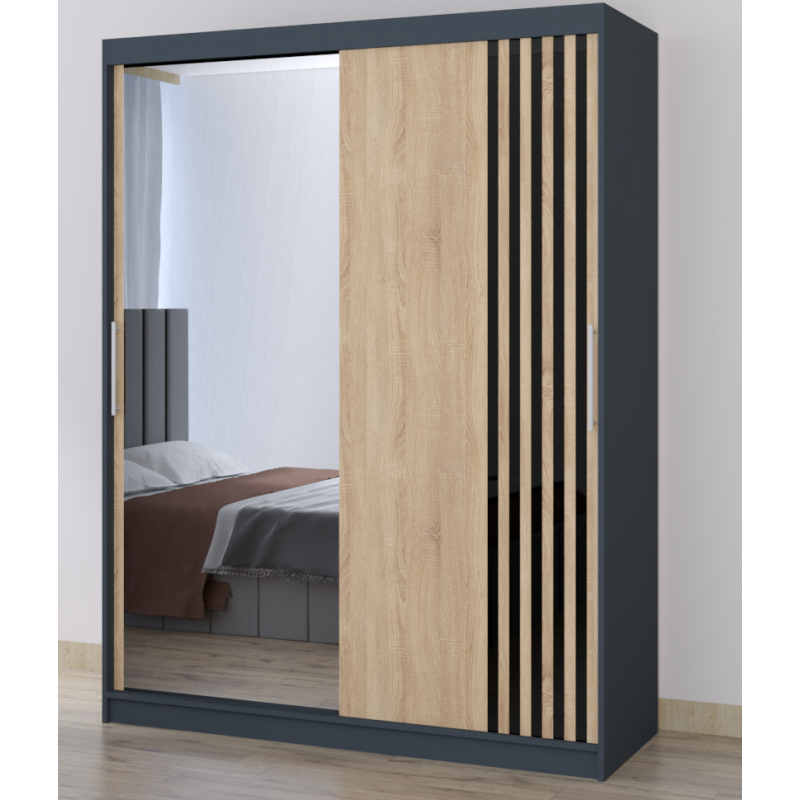Dressing Viva Gri cu oglinda 200 x 200 cm cu usi glisante Sonoma si Ornamente Negre
