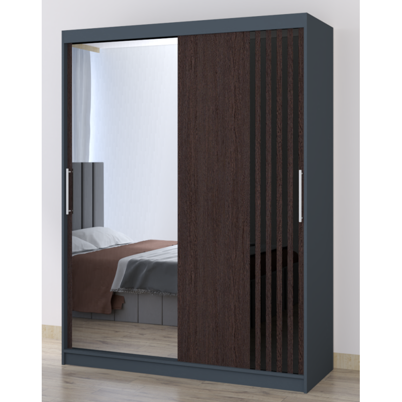 Dressing Viva Gri cu oglinda 200 x 200 cm cu usi glisante Wenge si Ornamente Negre