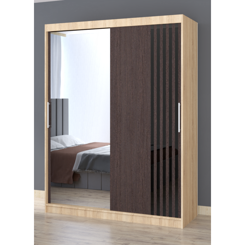 Dressing Viva Sonoma cu oglinda 200 x 200 cm cu usi glisante Wenge si Ornamente Negre