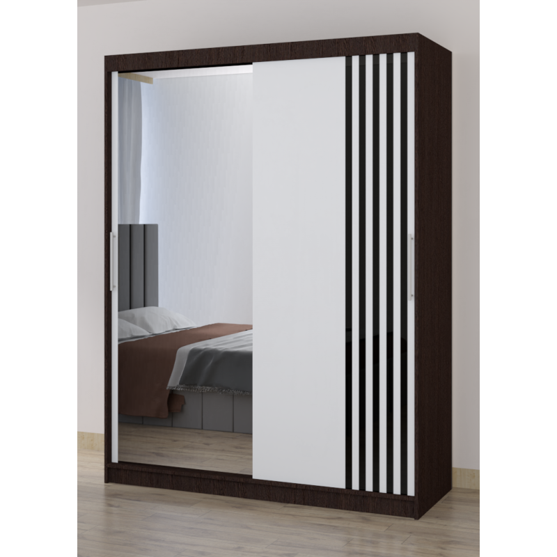 Dressing Viva Wenge cu oglinda 200 x 200 cm cu usi glisante Albe si Ornamente Negre