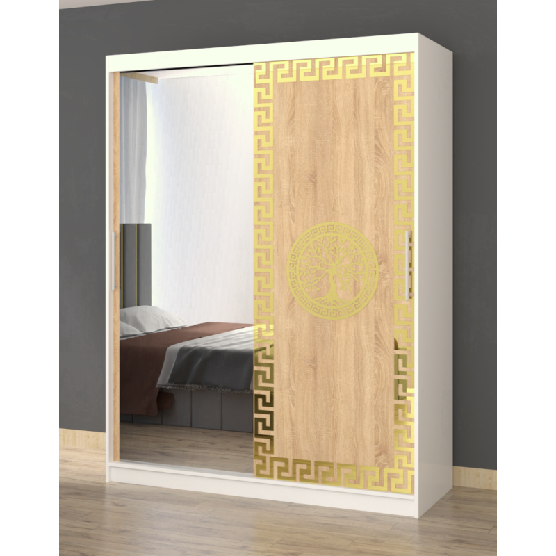 Dulap Dormitor Clara Alb cu oglinda 150 cm x 200 cm cu usi glisante Sonoma