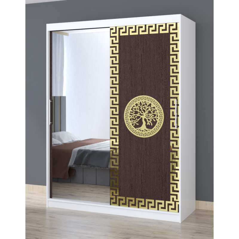Dulap Dormitor Clara Alb cu oglinda 150 x 200 cm cu usi glisante Wenge