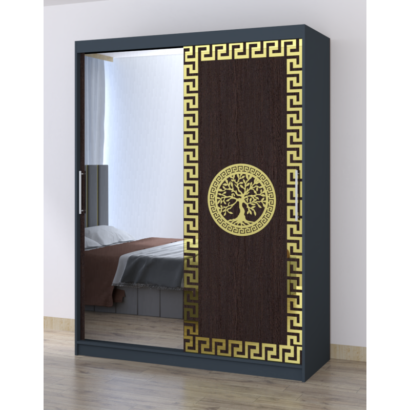 Dulap Dormitor Clara Gri cu oglinda 150 x 200 cm cu usi Glisante Wenge
