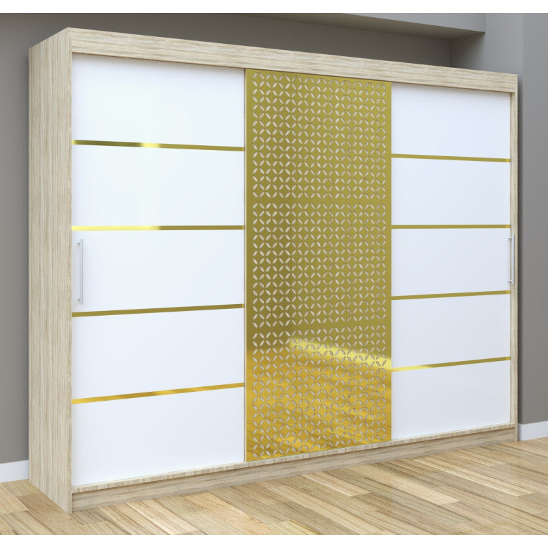 Dulap Dormitor Matei Gold 250 cm stejar Sonoma cu usi Albe