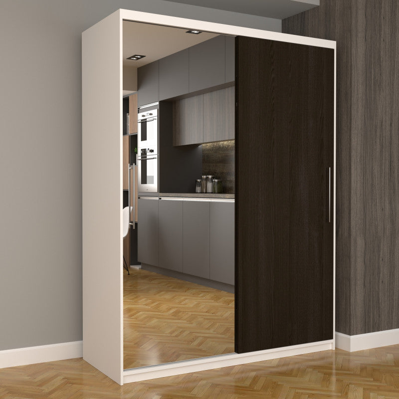Dulap Dormitor Nova Eco 150 cm x 200 cm, cu oglinda, alb cu usi glisante wenge